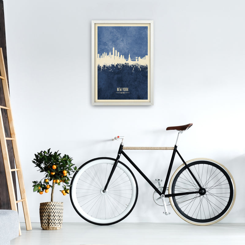 New York New York Skyline Portrait Navy Art Print by Michael Tompsett A2 Oak Frame