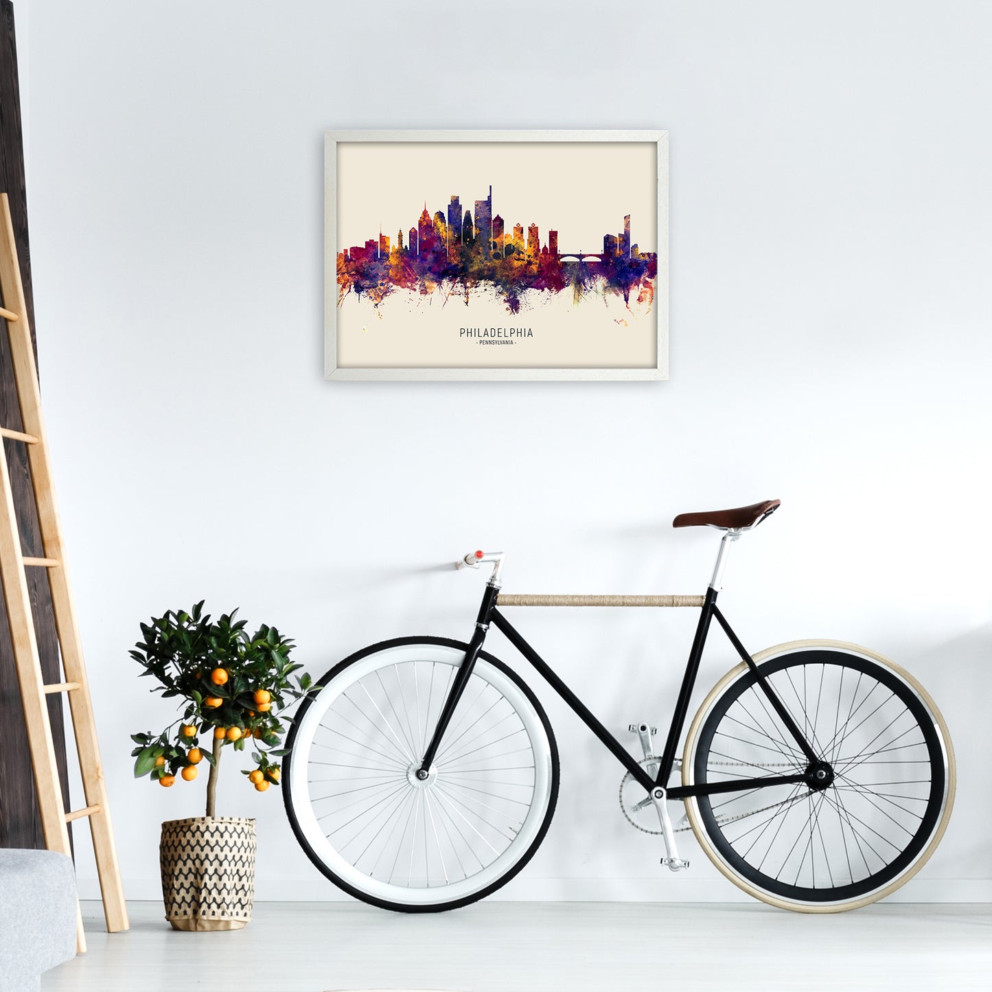 Philadelphia Pennsylvania Skyline Autumn City Name Art Print by Michael Tompsett A2 Oak Frame