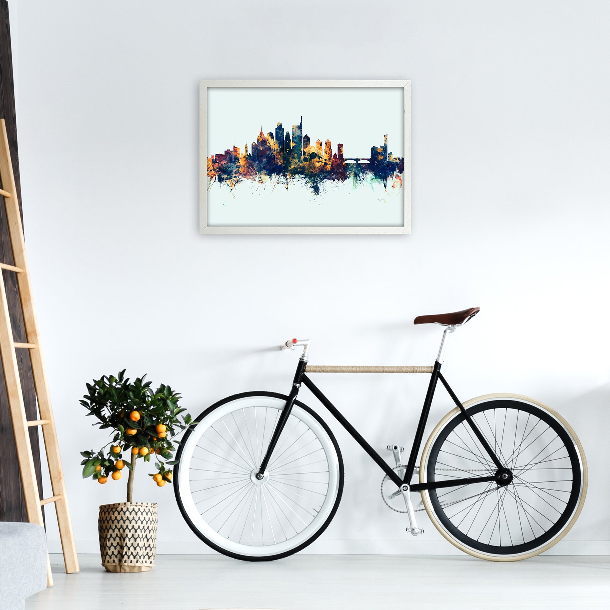 Philadelphia Pennsylvania Skyline Blue Orange Art Print by Michael Tompsett A2 Oak Frame