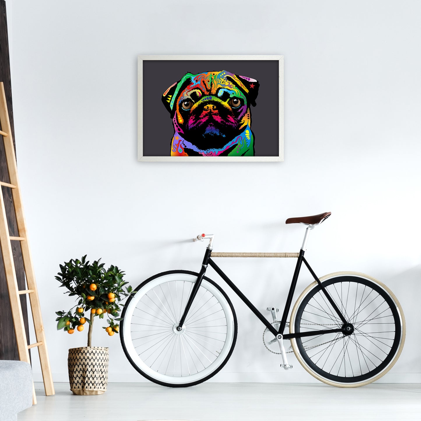 Pug Dog Charcoal Art Print by Michael Tompsett A2 Oak Frame