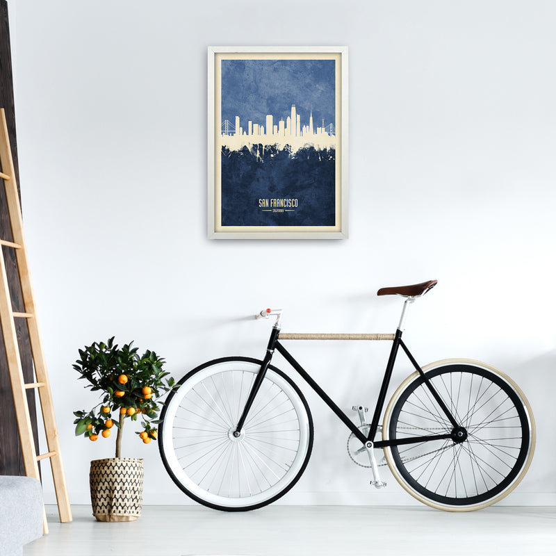 San Francisco California Skyline Portrait Navy Art Print by Michael Tompsett A2 Oak Frame