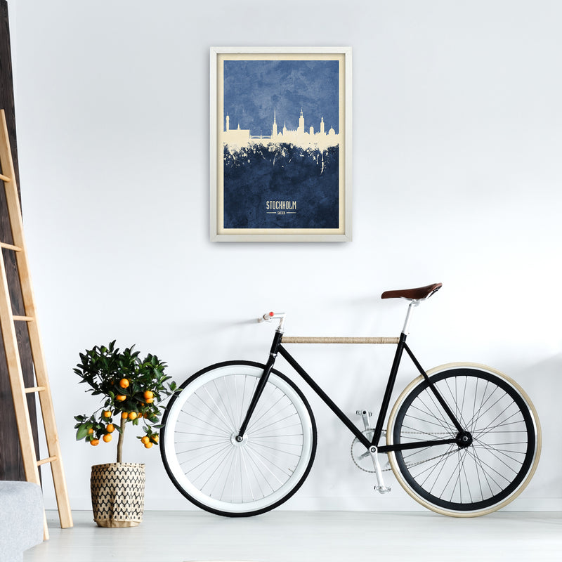Stockholm Sweden Skyline Portrait Navy Art Print by Michael Tompsett A2 Oak Frame