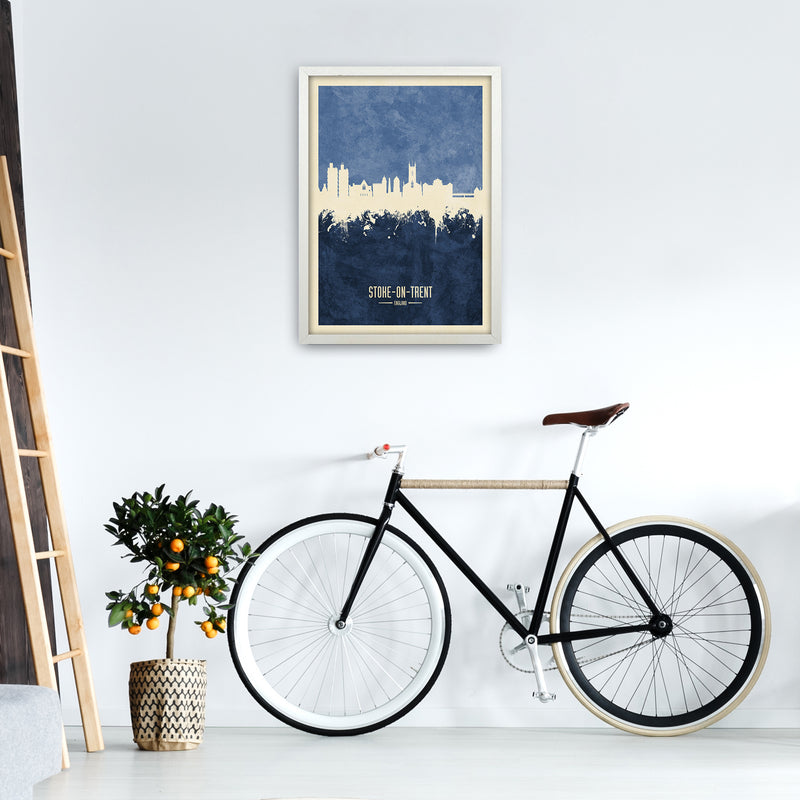 Stoke-On-Trent England Skyline Portrait Navy Art Print by Michael Tompsett A2 Oak Frame