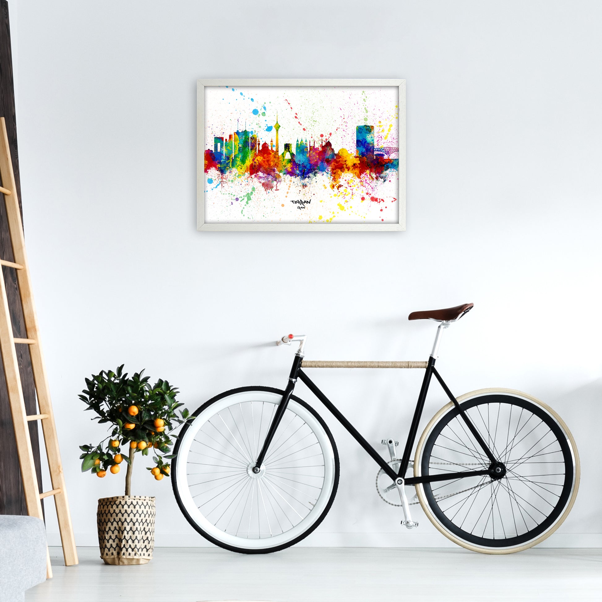 Tehran Iran Skyline Splash Art Print by Michael Tompsett A2 Oak Frame