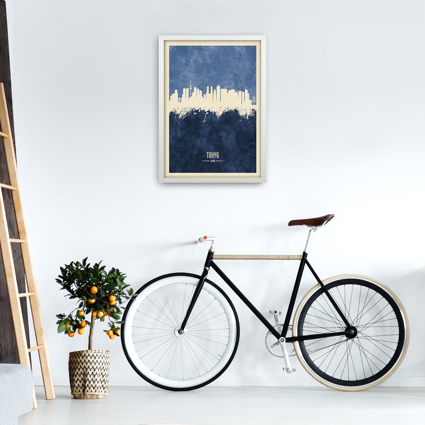 Tokyo Japan Skyline Portrait Navy Art Print by Michael Tompsett A2 Oak Frame