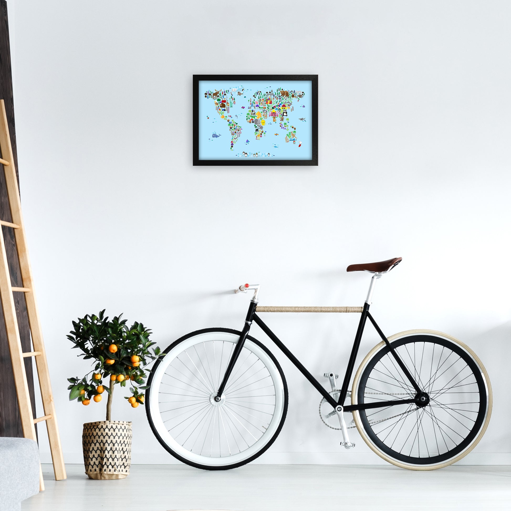 Animal Map of the World Blue Art Print by Michael Tompsett A3 White Frame