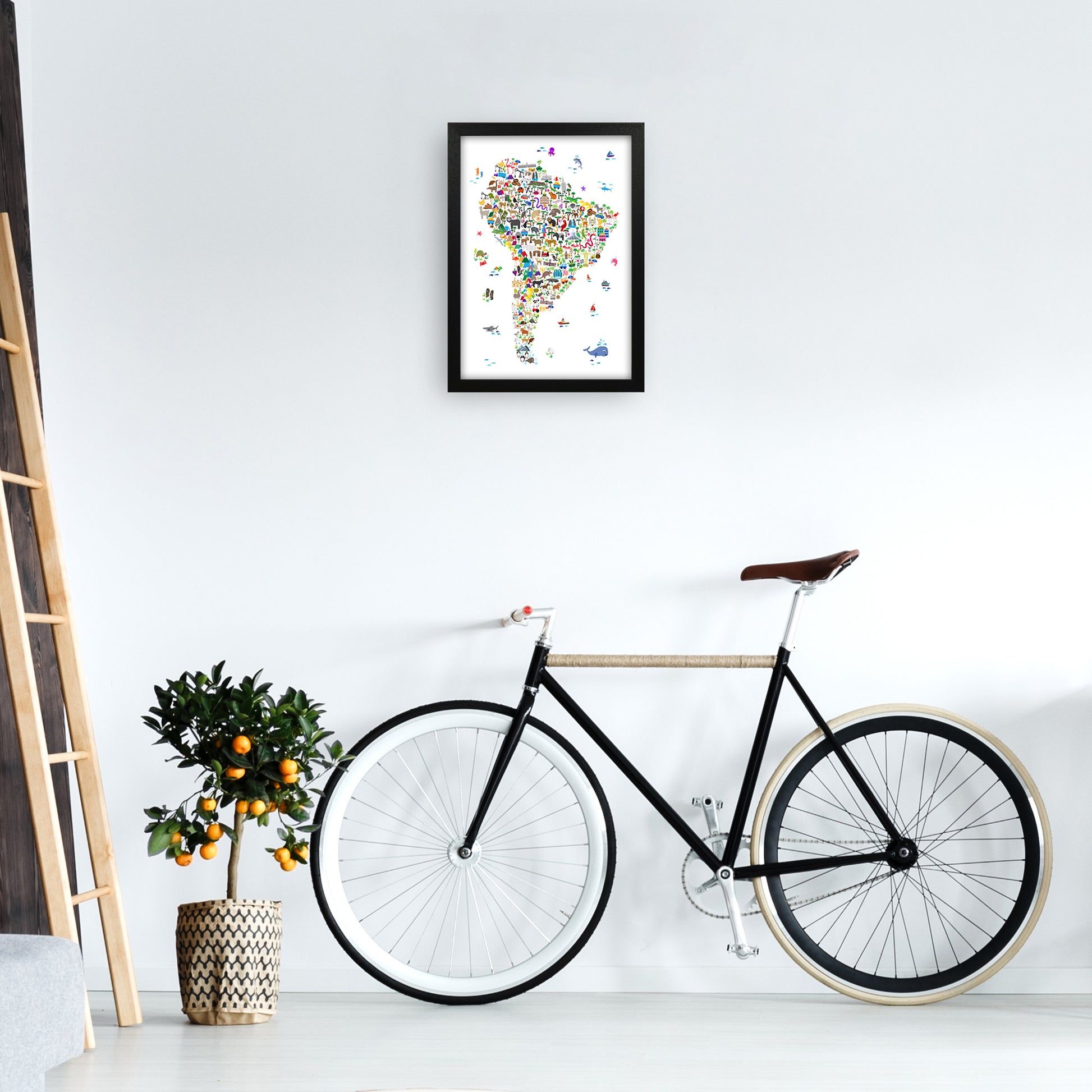 Animal Map of South America Nursery Print by Michael Tompsett A3 White Frame