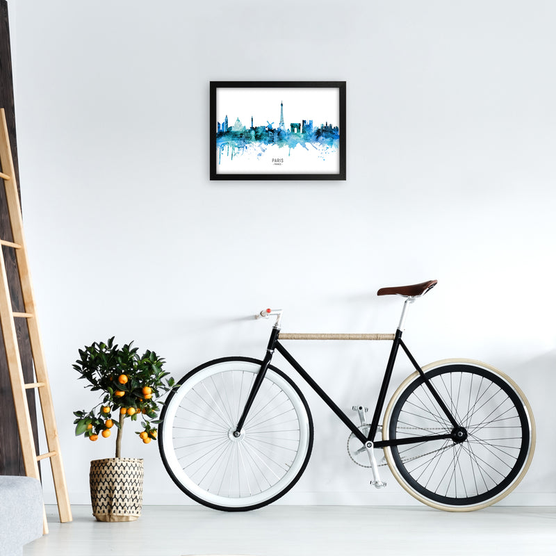 Paris France Skyline Blue City Name Print by Michael Tompsett A3 White Frame
