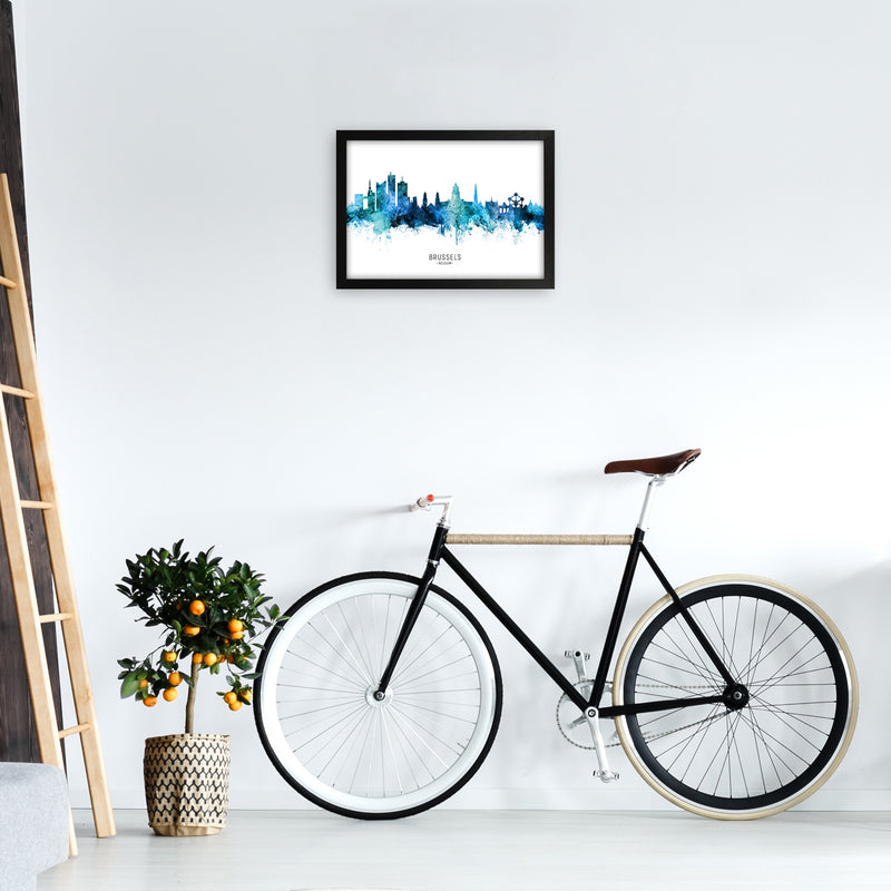 Brussels Belgium Skyline Blue City Name  by Michael Tompsett A3 White Frame