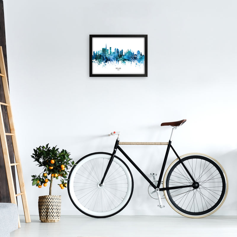 Milan Italy Skyline Blue City Name Print by Michael Tompsett A3 White Frame