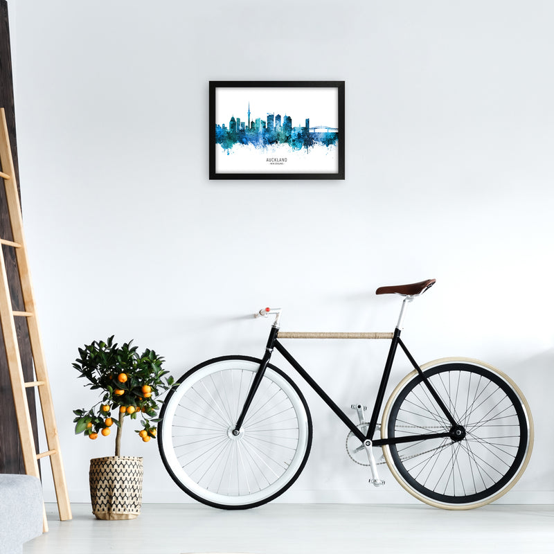 Auckland New Zealand Skyline Blue City Name  by Michael Tompsett A3 White Frame