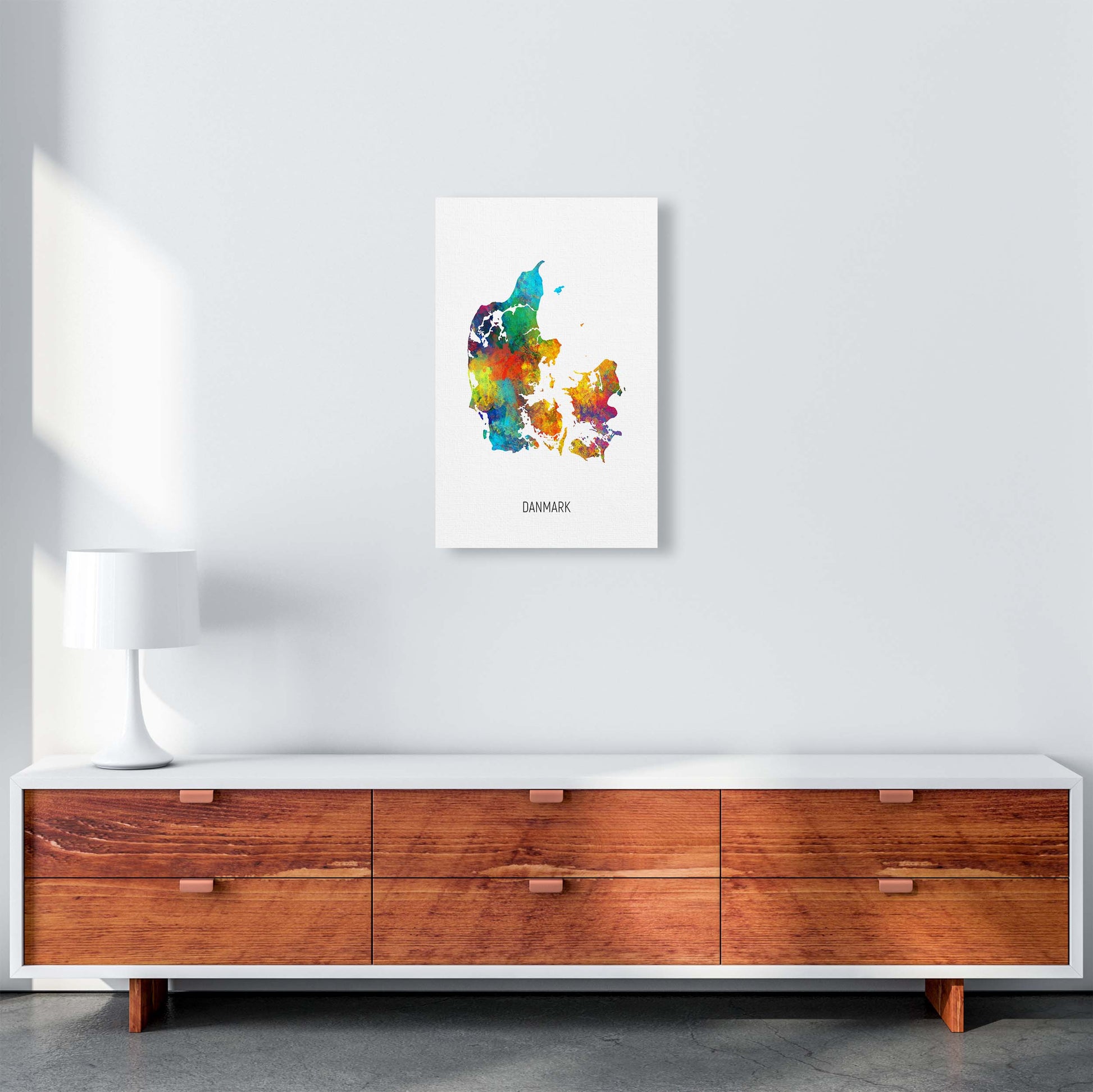 Danmark Watercolour Map Art Print by Michael Tompsett A3 Canvas