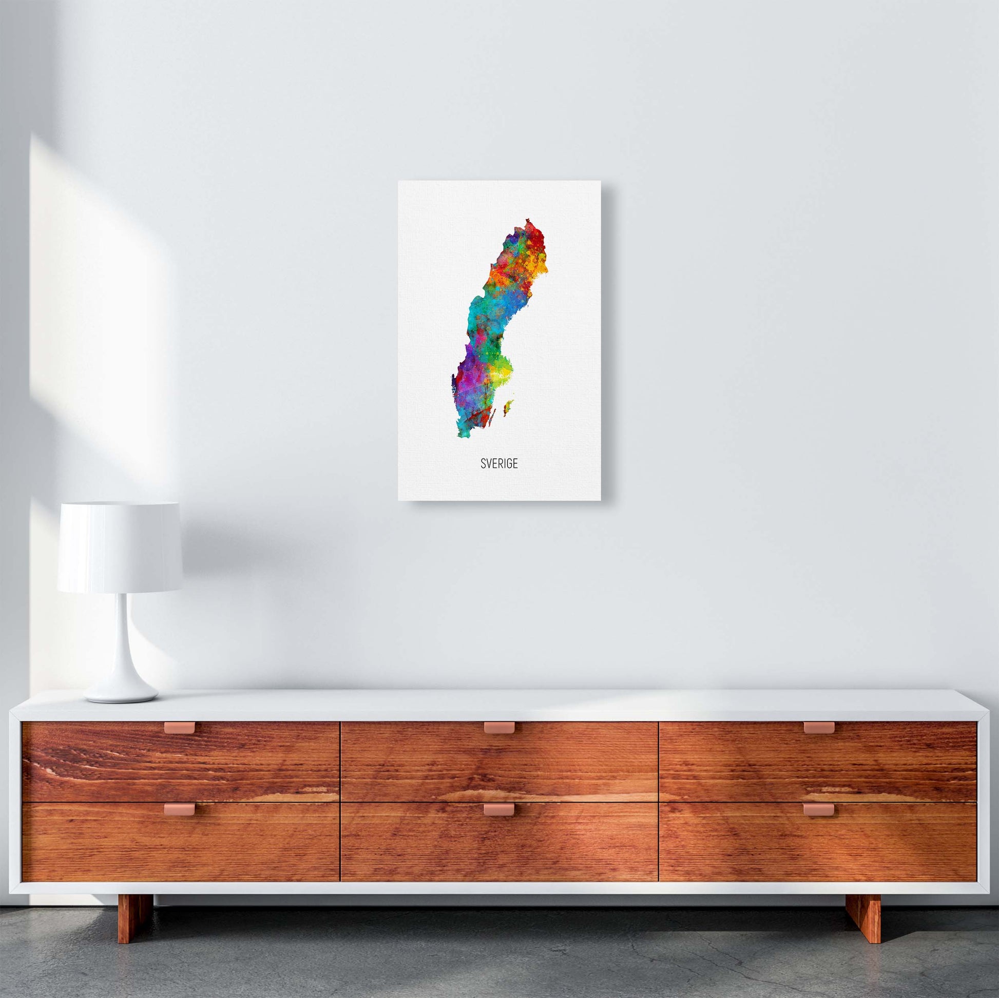 Sverige Watercolour Map Art Print by Michael Tompsett A3 Canvas