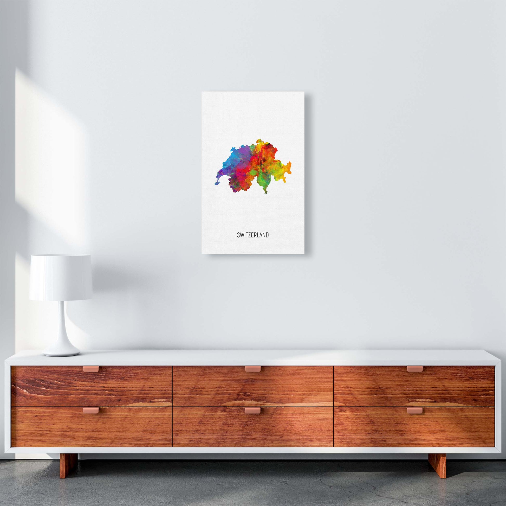 Switzerland Watercolour Map Art Print by Michael Tompsett A3 Canvas