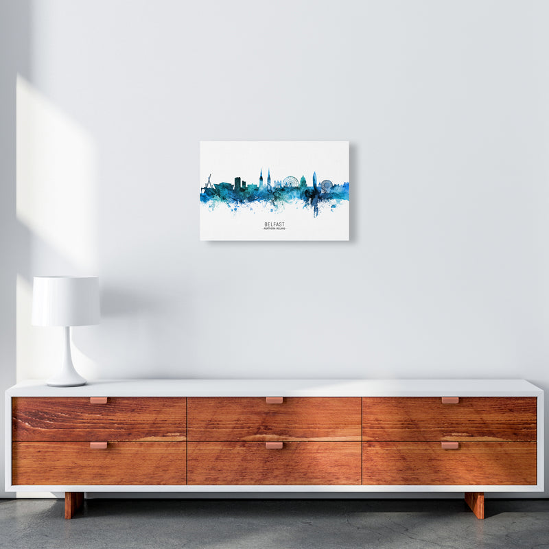 Belfast Northern Ireland Skyline Blue City Name  by Michael Tompsett A3 Canvas