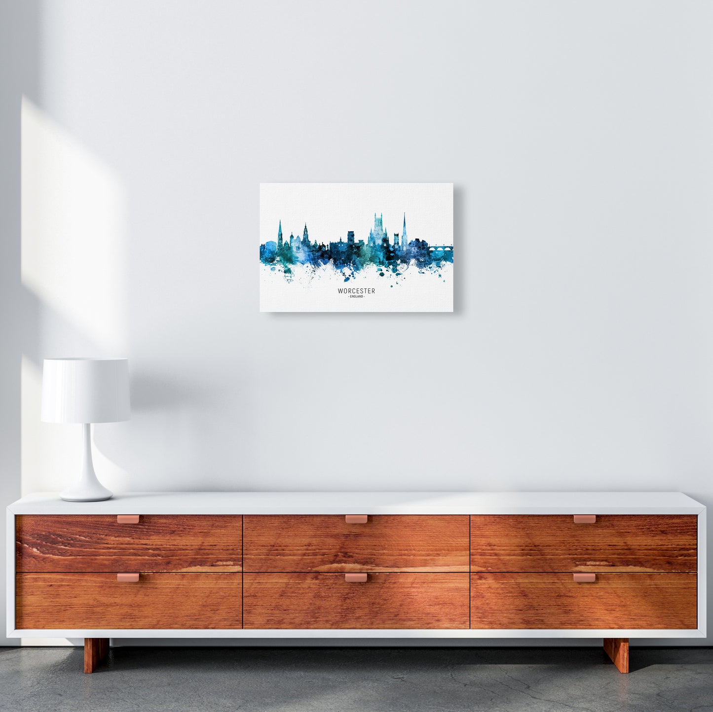 Worcester England Skyline Blue City Name  by Michael Tompsett A3 Canvas