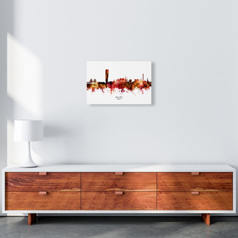 Malmo Sweden Skyline Red City Name Print by Michael Tompsett A3 Canvas