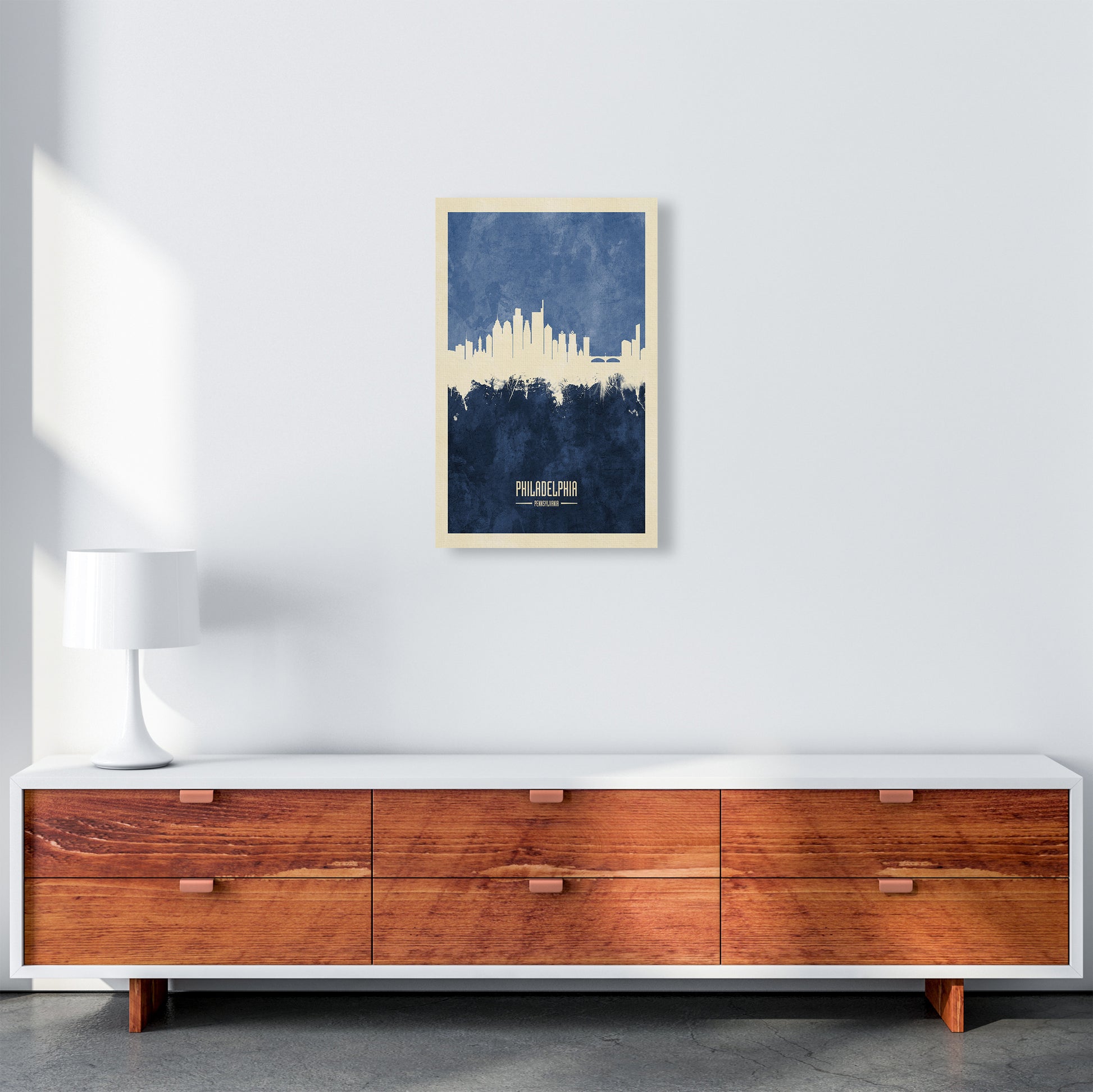 Philadelphia Pennsylvania Skyline Portrait Navy Art Print by Michael Tompsett A3 Canvas