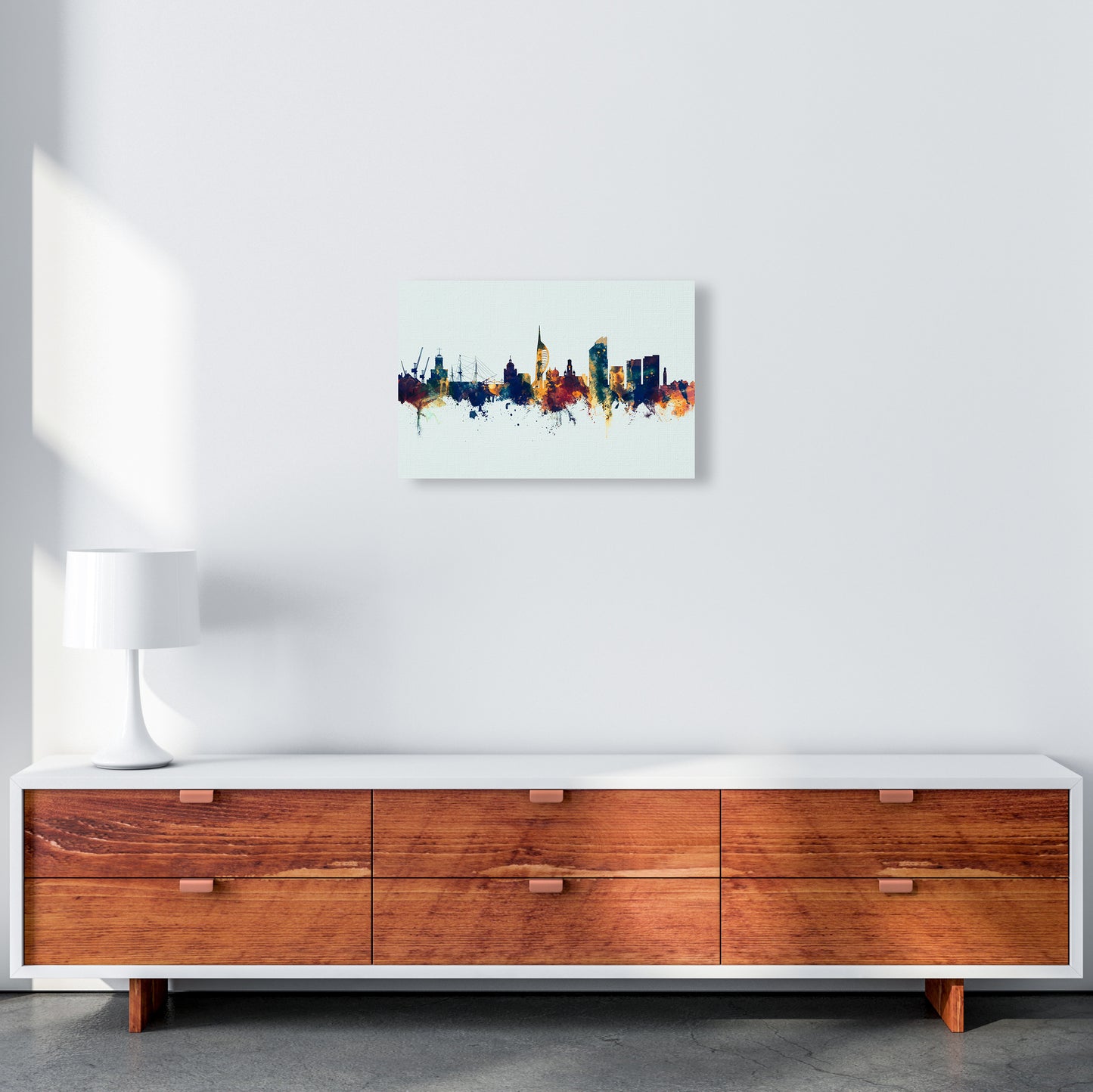 Portsmouth England Skyline Blue Orange Art Print by Michael Tompsett A3 Canvas