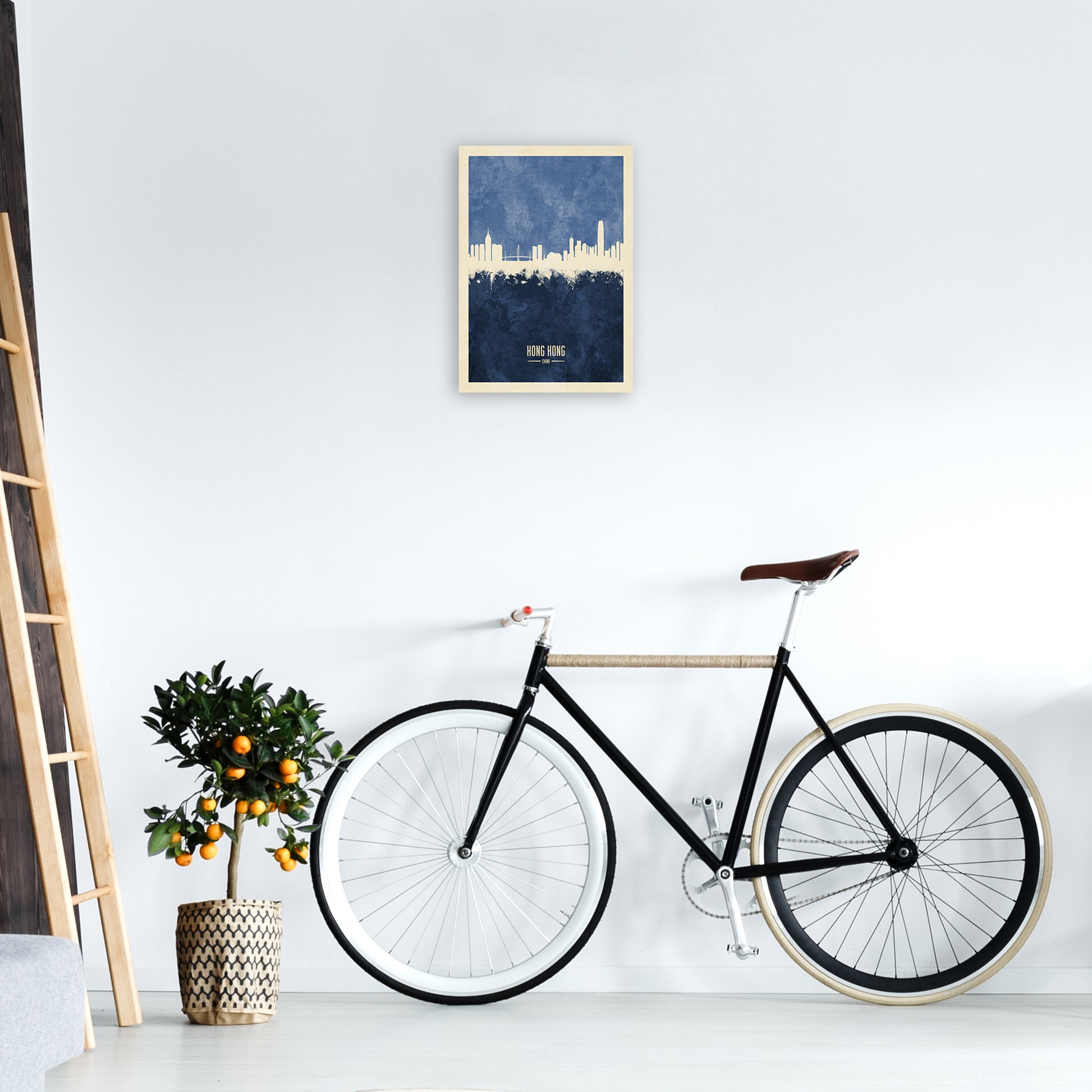 Hong Kong China Skyline Portrait Navy Art Print by Michael Tompsett A3 Black Frame