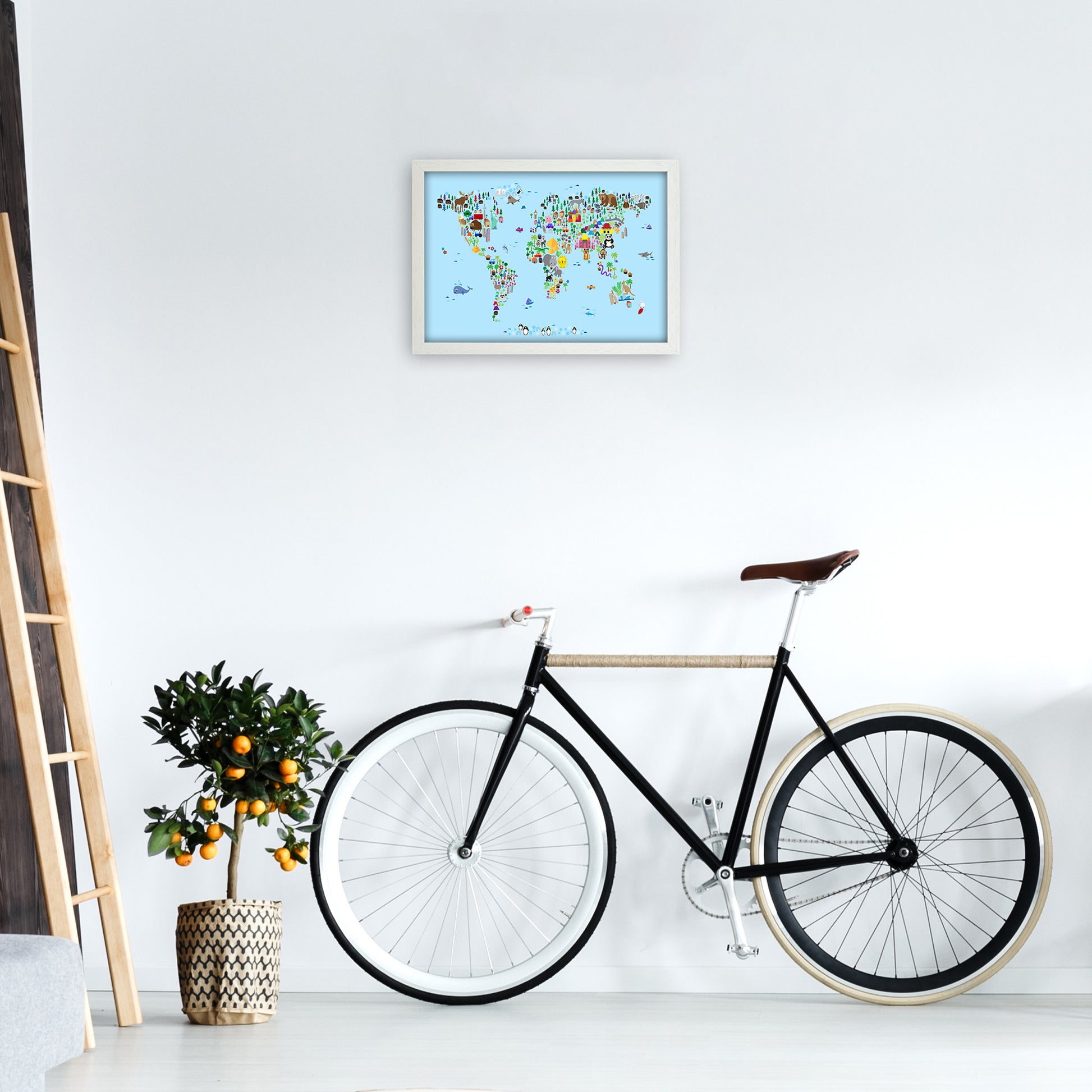 Animal Map of the World Blue Art Print by Michael Tompsett A3 Oak Frame