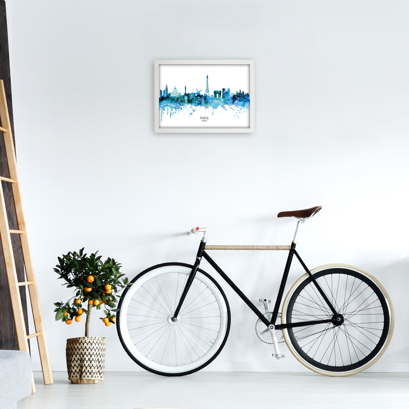 Paris France Skyline Blue City Name Print by Michael Tompsett A3 Oak Frame