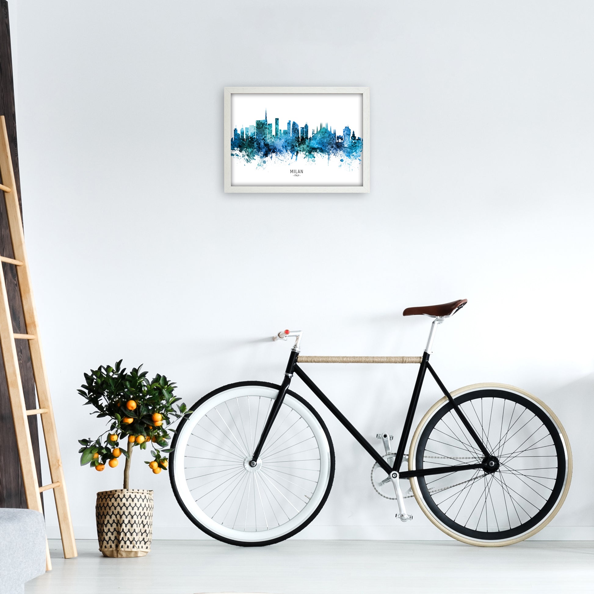 Milan Italy Skyline Blue City Name Print by Michael Tompsett A3 Oak Frame