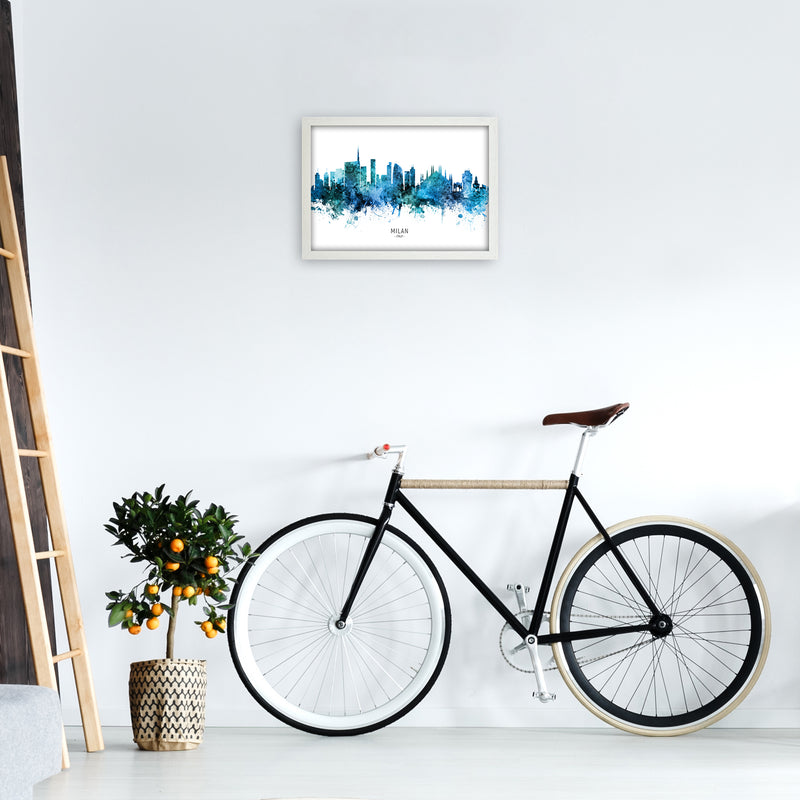 Milan Italy Skyline Blue City Name Print by Michael Tompsett A3 Oak Frame