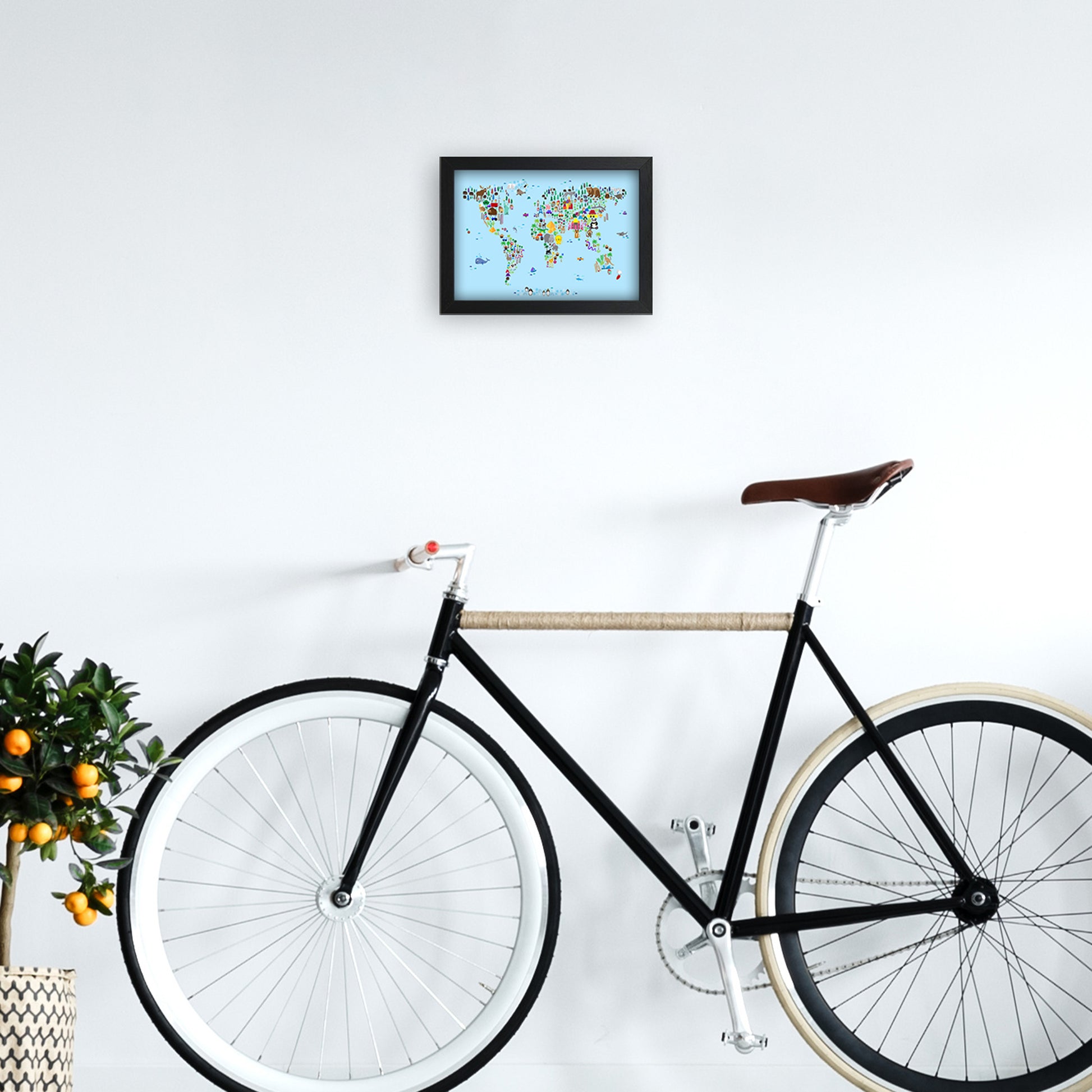 Animal Map of the World Blue Art Print by Michael Tompsett A4 White Frame