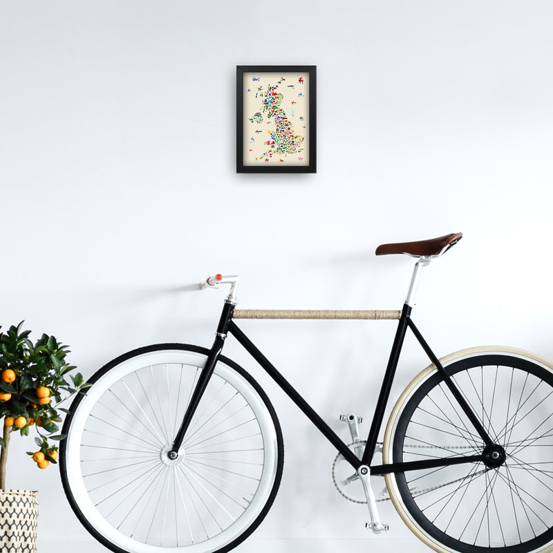Animal Map of Great Britain Beige Print by Michael Tompsett A4 White Frame