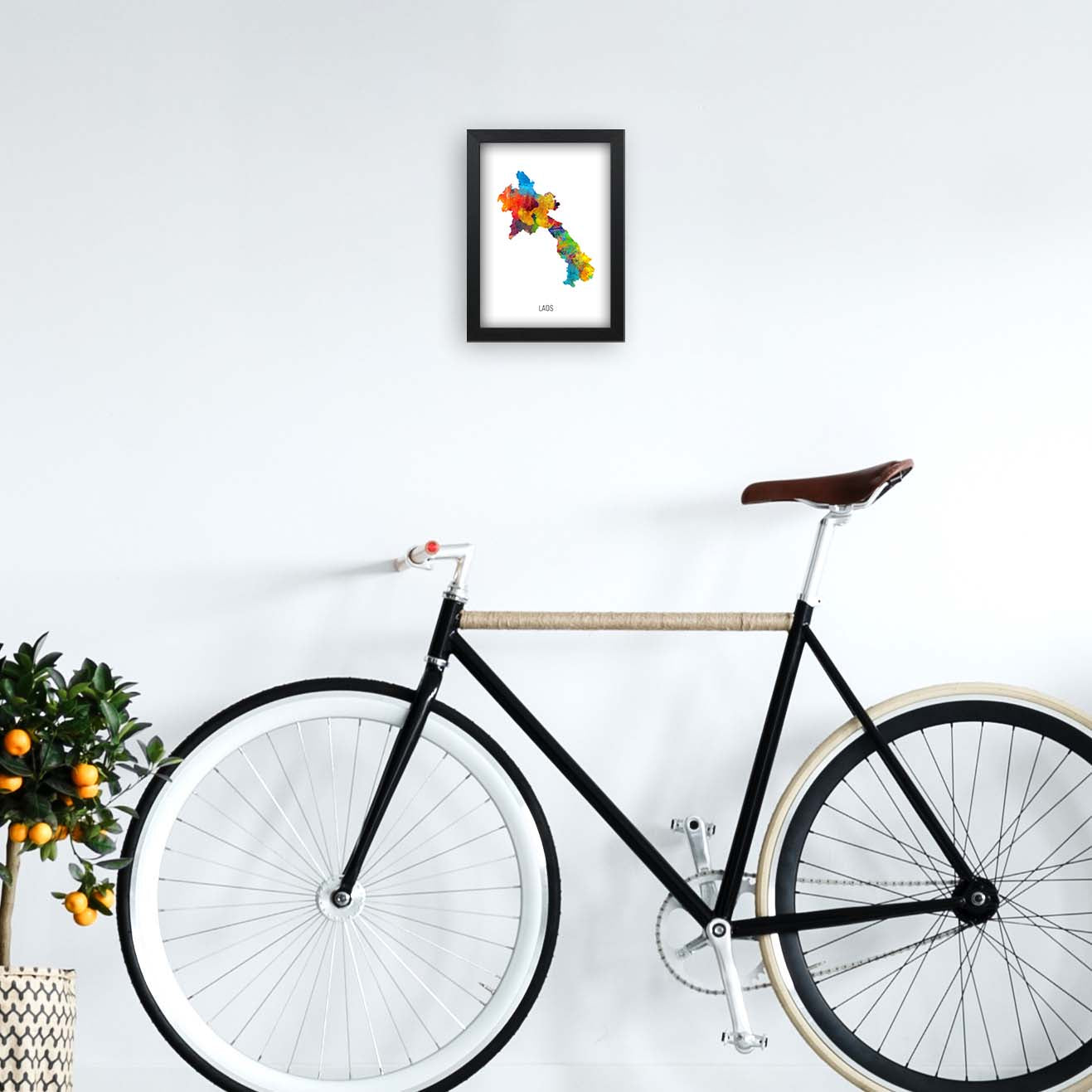 Laos Watercolour Map Art Print by Michael Tompsett A4 White Frame