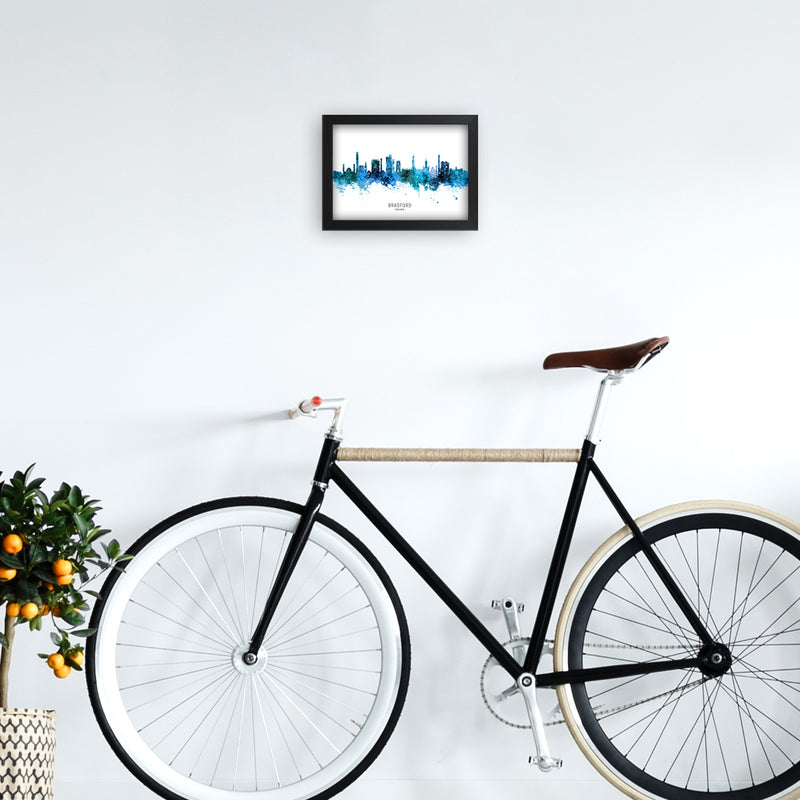 Bradford England Skyline Blue City Name  by Michael Tompsett A4 White Frame