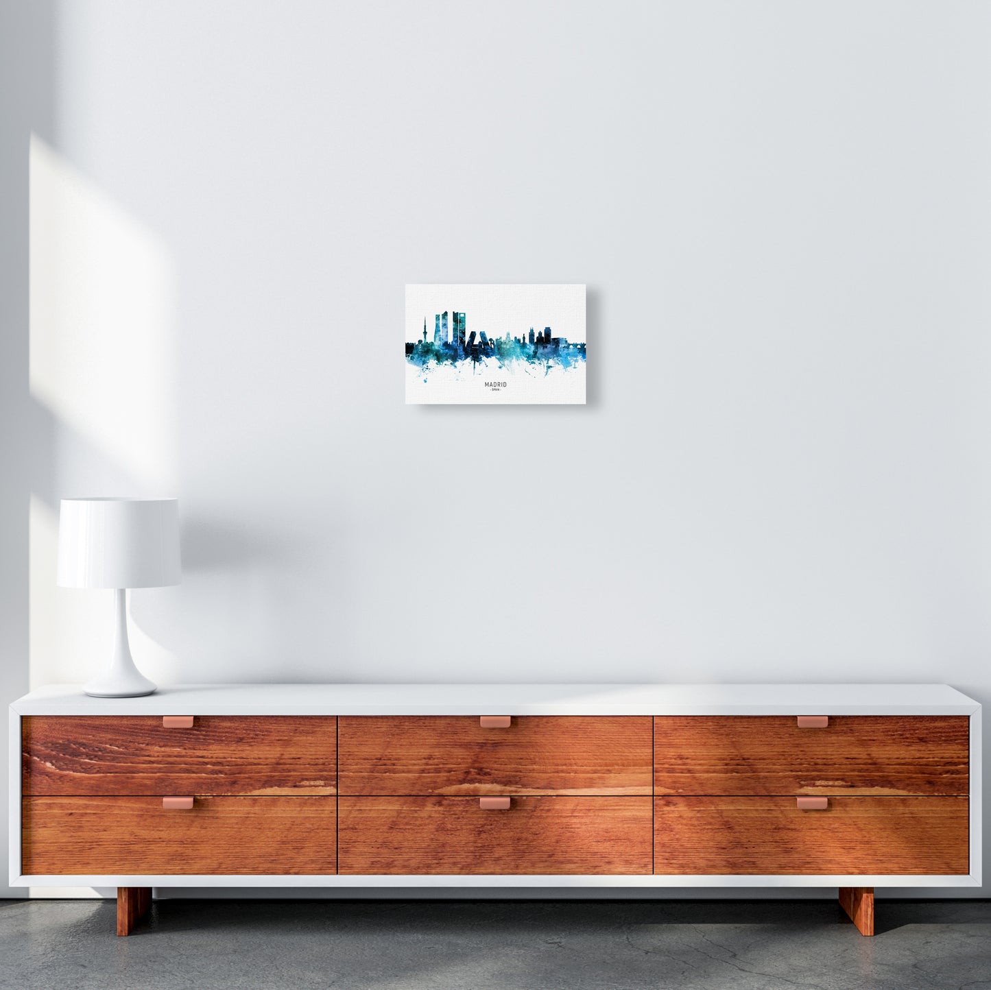 Madrid Spain Skyline Blue City Name Print by Michael Tompsett A4 Canvas