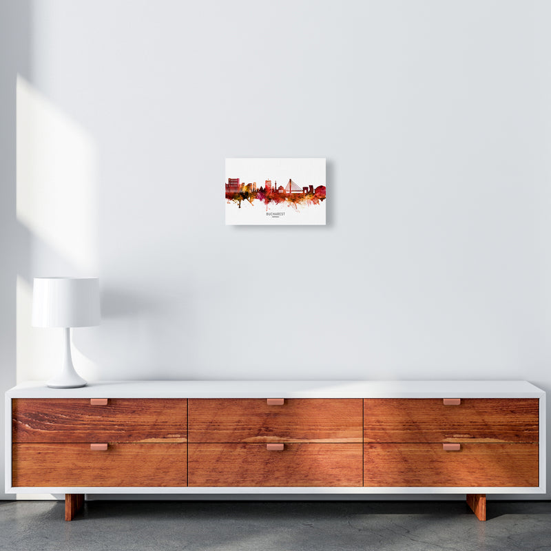 Bucharest Romania Skyline Red City Name  by Michael Tompsett A4 Canvas