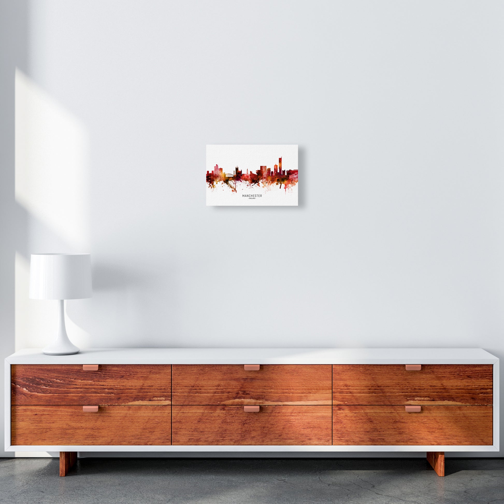 Manchester England Skyline Red City Name  by Michael Tompsett A4 Canvas