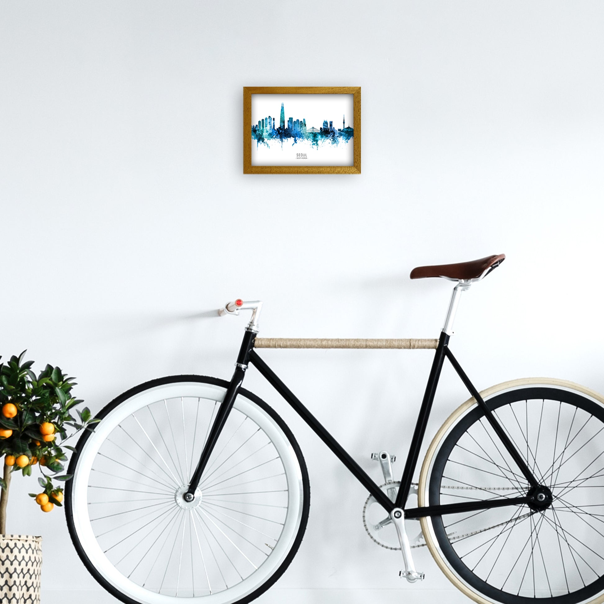 Seoul South Korea Skyline Blue City Name  by Michael Tompsett A4 Print Only