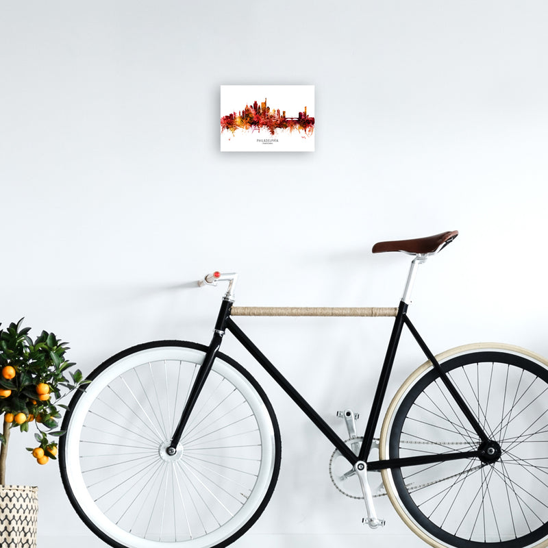 Philadelphia Pennsylvania Skyline Red City Name  by Michael Tompsett A4 Black Frame