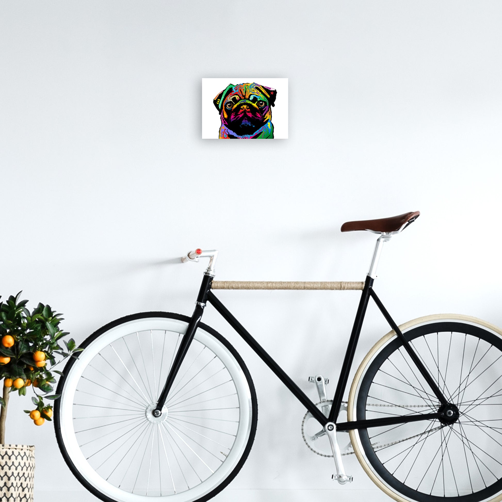 Pug Dog White Art Print by Michael Tompsett A4 Black Frame