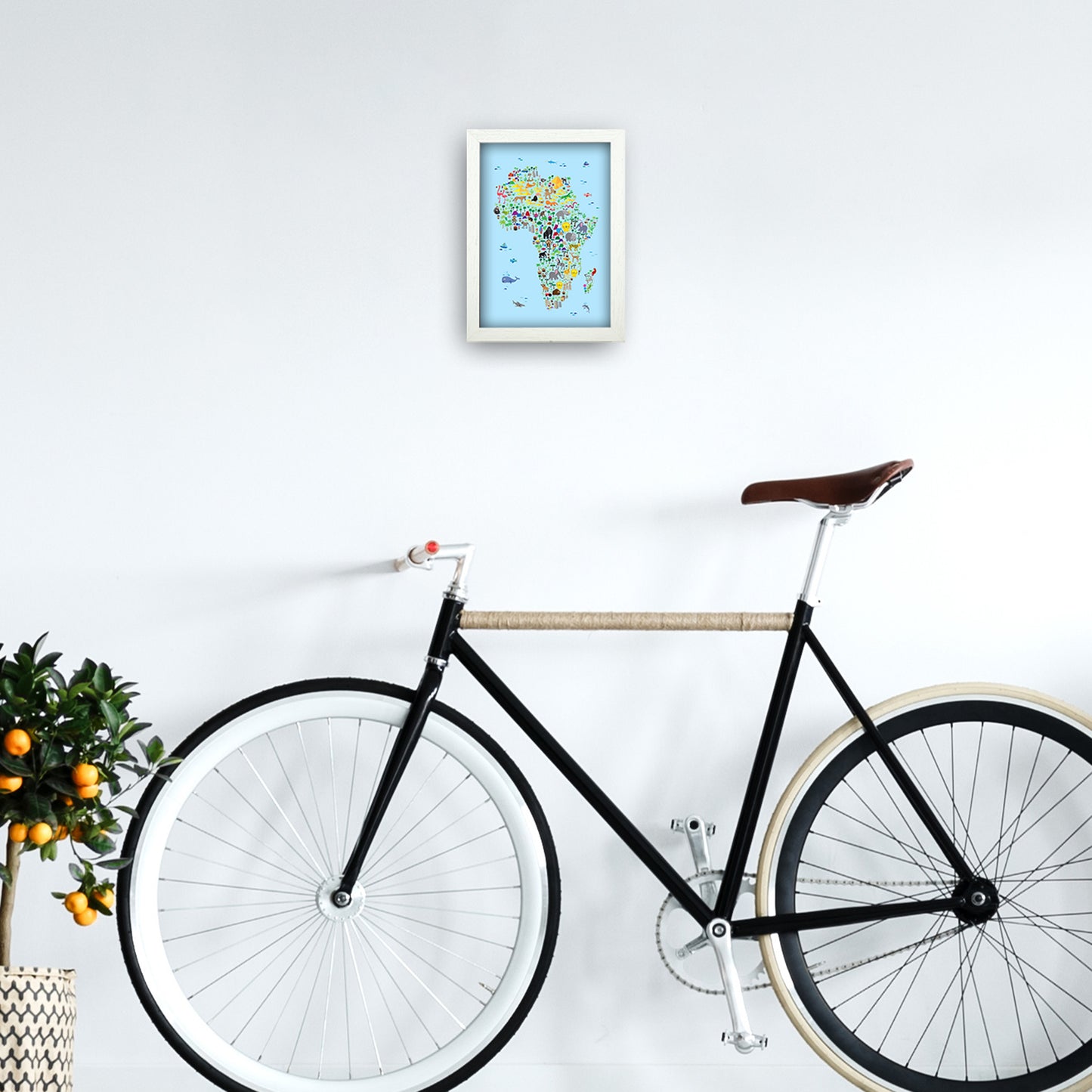 Animal Map of Africa Blue Nursery Print by Michael Tompsett A4 Oak Frame