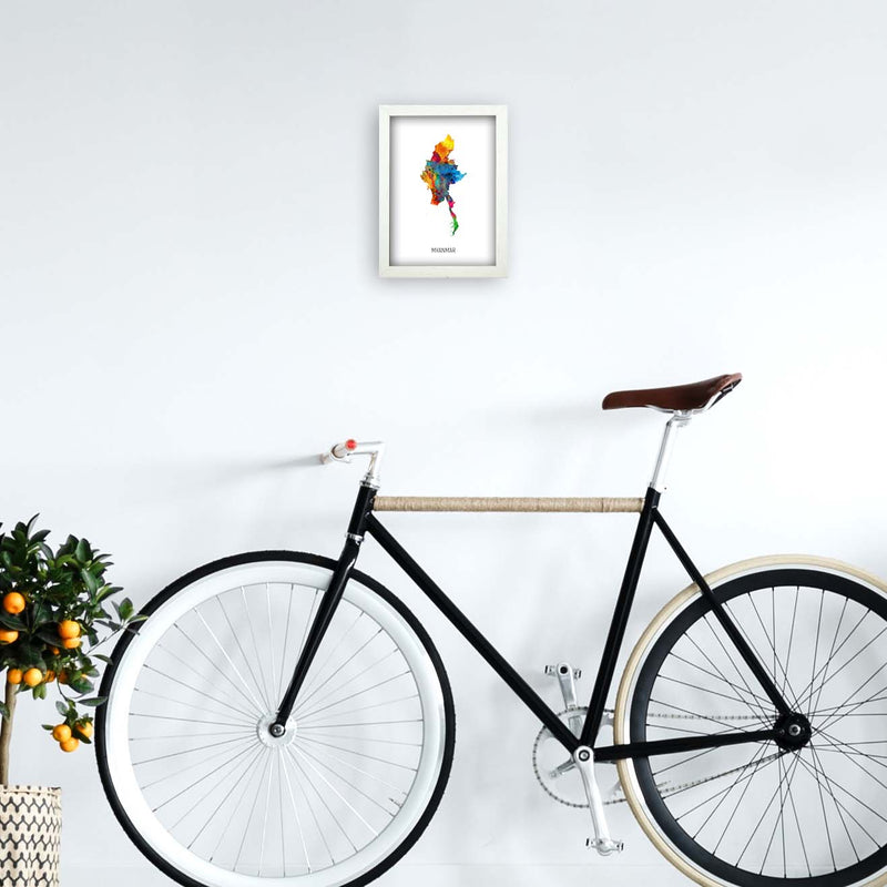 Myanmar Watercolour Map Art Print by Michael Tompsett A4 Oak Frame
