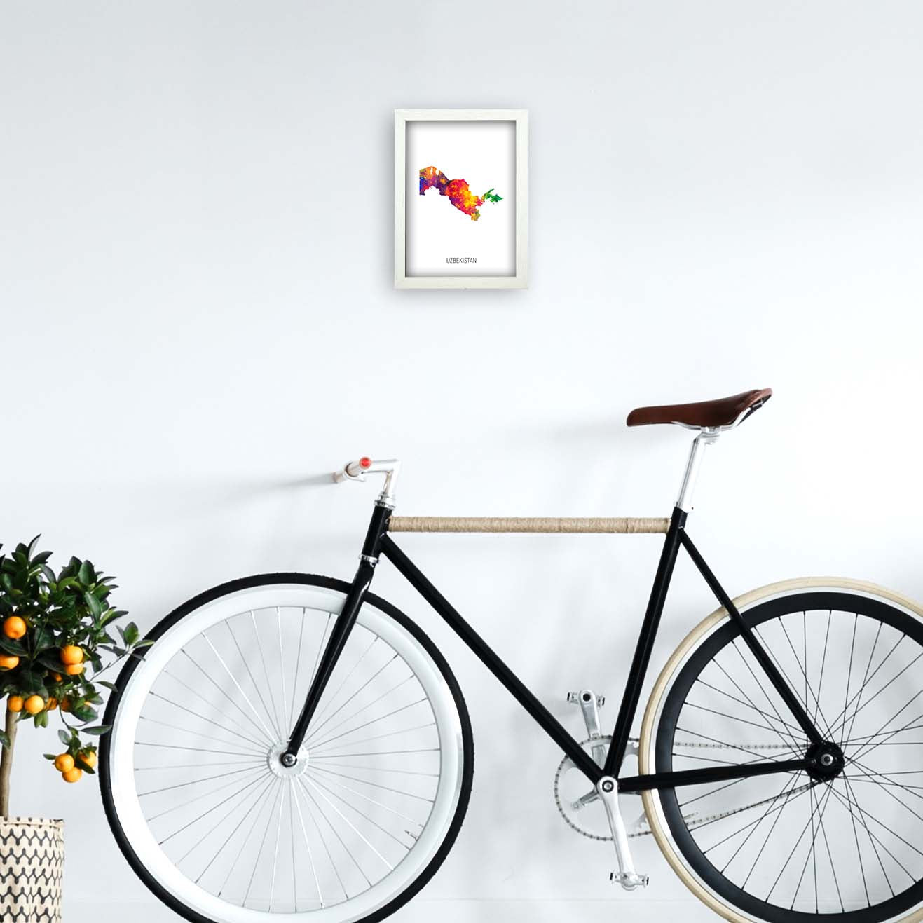 Uzbekistan Watercolour Map Art Print by Michael Tompsett A4 Oak Frame