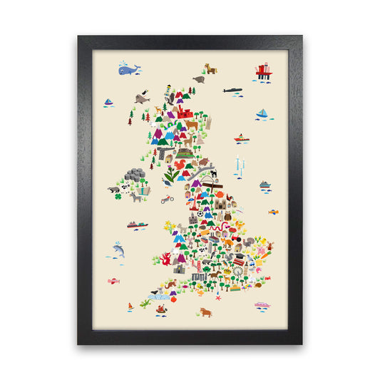 Animal Map of Great Britain Beige Print by Michael Tompsett Black Grain