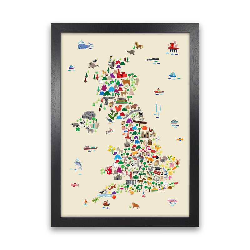 Animal Map of Great Britain Beige Print by Michael Tompsett Black Grain
