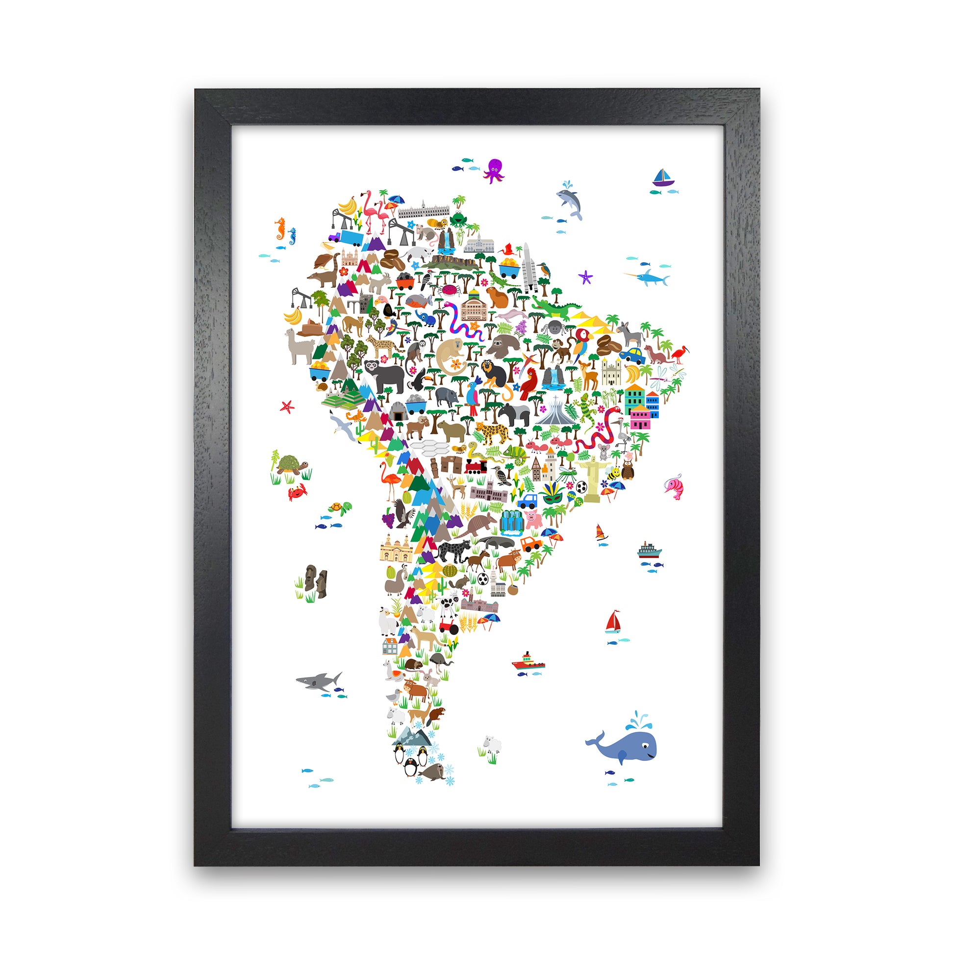 Animal Map of South America Nursery Print by Michael Tompsett Black Grain