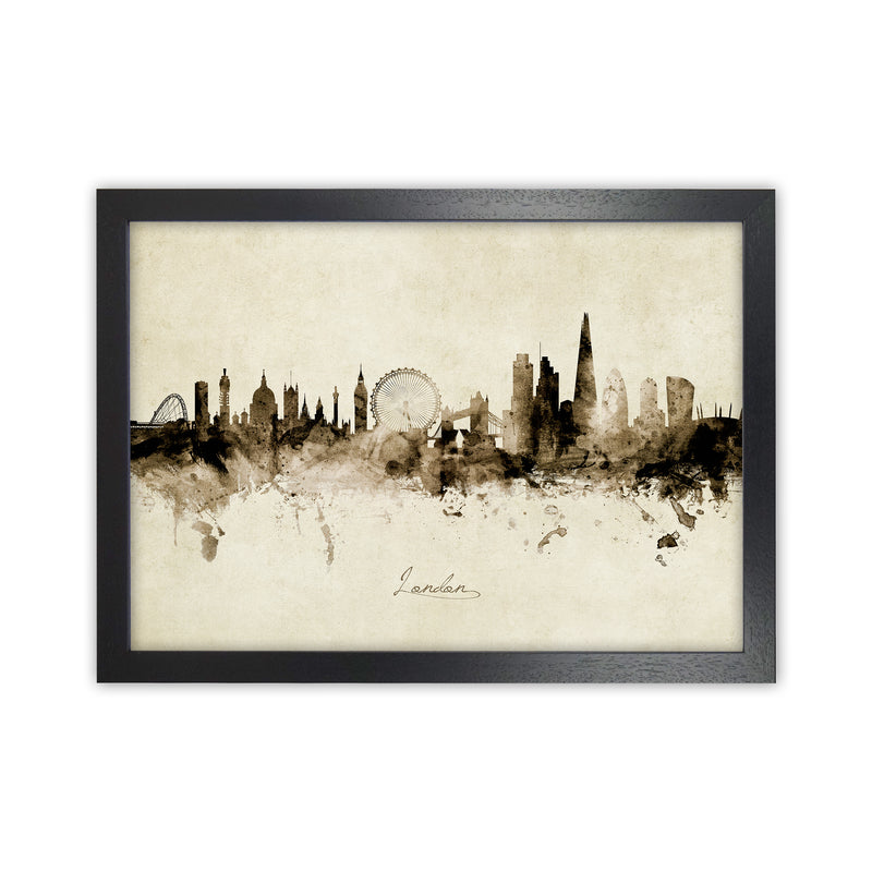London England Skyline Vintage  Art Print by Michael Tompsett Black Grain