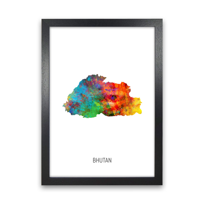 Bhutan Watercolour Map Art Print by Michael Tompsett Black Grain