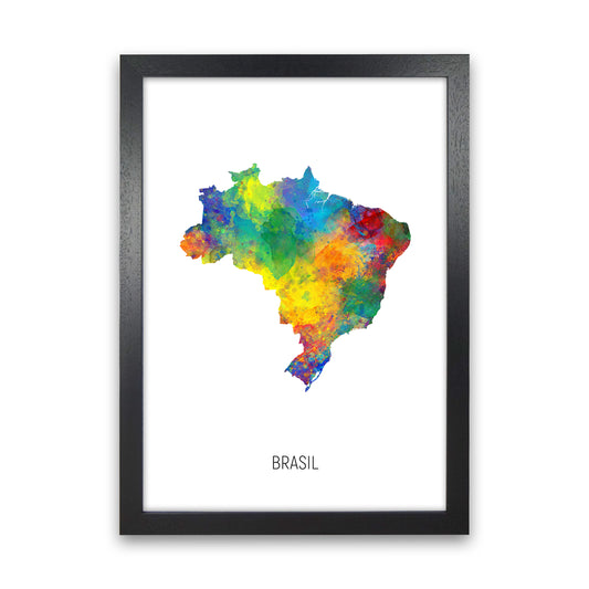 Brasil Watercolour Map Art Print by Michael Tompsett Black Grain