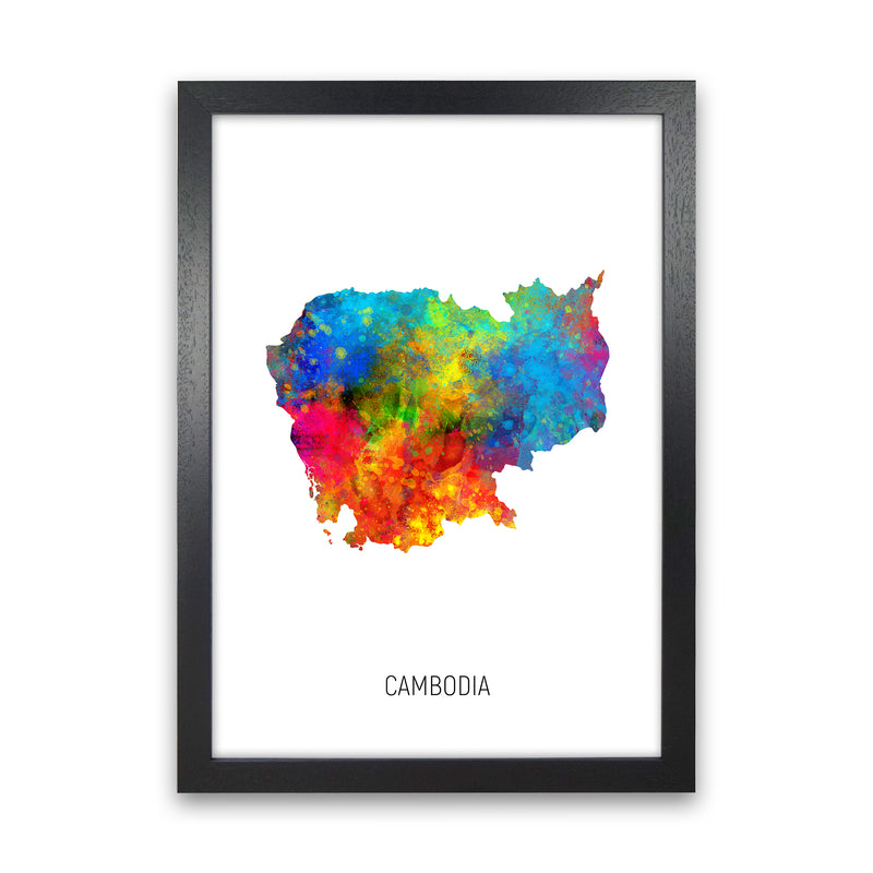 Cambodia Watercolour Map Art Print by Michael Tompsett Black Grain