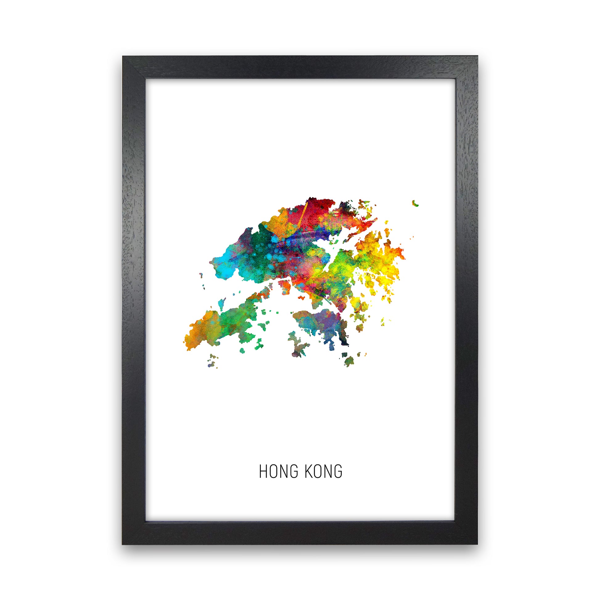 Hong Kong Watercolour Map Art Print by Michael Tompsett Black Grain