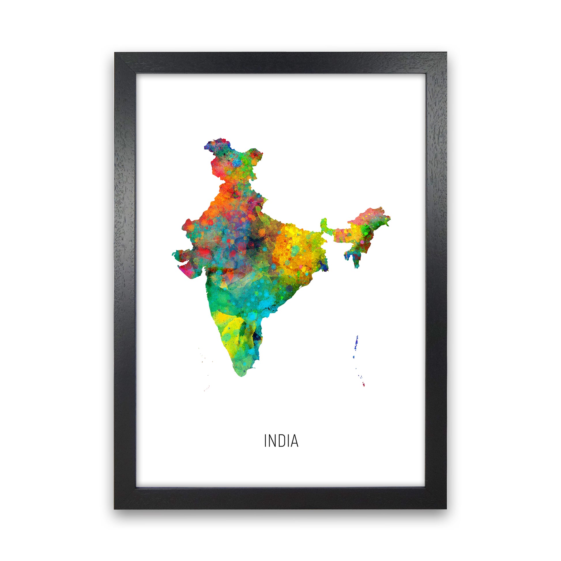 India Watercolour Map Art Print by Michael Tompsett Black Grain
